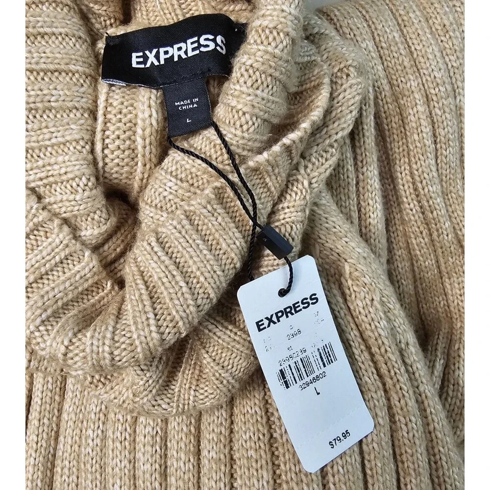 Express Ribbed Knit Turtleneck Sweater Tan Size Large
